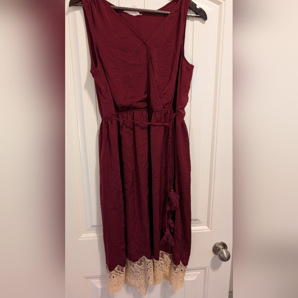 Lauren Conrad Burgundy Midi Dress with Lace Trim